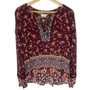 Knox Rose Hi Lo Floral Boho Festival Peasant Top Crochet Tie Rayon Burgundy XL
